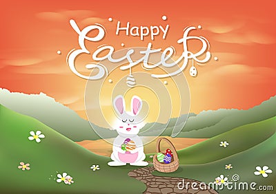 Happy Easter, white rabbit sleeping, egg in basket, relaxing sunset scene spring season calligraphy, cute cartoon abstract Vector Illustration