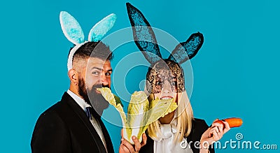 Happy Easter. Woman comic, funny and handsome man are wearing bunny ears. Easter sale concept, discount. Banner with Stock Photo