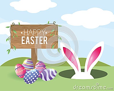 Happy Easter wood emblem with easter rabbit and eggs decoration Vector Illustration