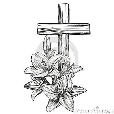 Happy easter, cross and floral blooming lilies, Easter. symbol of Christianity hand drawn vector illustration sketch Vector Illustration