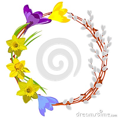 Happy Easter. Easter wreath of pussy-willow, daffodils, crocus. Vector illustration isolated on white background. Easter Vector Illustration