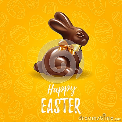 Happy Easter yellow background template with delicious chocolate Easter bunny or rabbit in seamless holiday background Vector Illustration