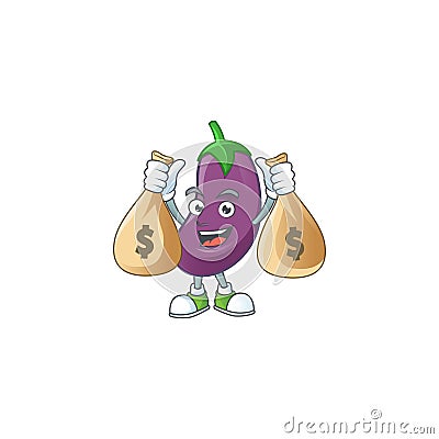 Happy eggplant cartoon character with two money bags Vector Illustration