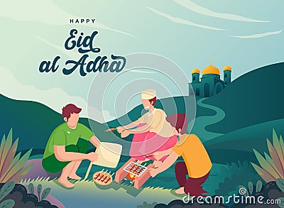 Happy Eid al-Adha mubarak with muslim people cooking homemade Lamb Satay for Eid al-Adha Menu Vector Illustration