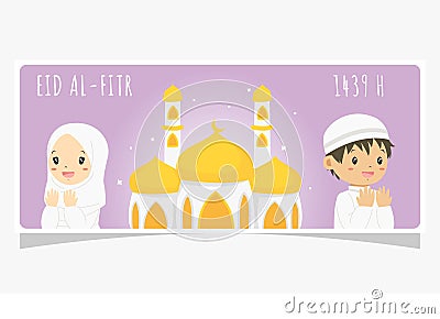 Eid Al Fitr Ramadan Banner, Praying Muslim Kids and Mosque Vector Design Vector Illustration