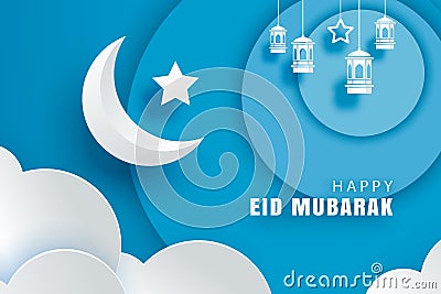 Happy Eid Mubarak greeting card with crescent moon paper ar Vector Illustration