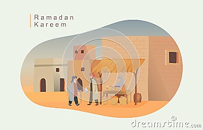 Happy eid mubarak and ramadan concept. people buy food for iftar in the market illustration for Header page, UI, Story board, Book Vector Illustration