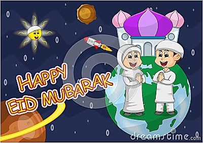 Happy eid mubarak with space illustrations, Muslim children, mosques, stars, planets, earth and sun cartoon vector illustration Vector Illustration