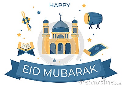 Happy Eid ul-Fitr Mubarak Cartoon Background Illustration with Pictures of Mosques, Ketupat, Bedug, and Others Vector Illustration