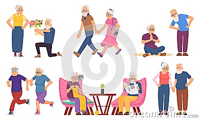 Happy elderly activity. Retirement seniors activities, healthy old people. Cartoon granny run, knit and meditating Vector Illustration