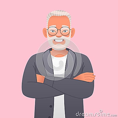 A happy elderly bearded man in glasses stands with his arms crossed. Old gray-haired successful confident grandfather Vector Illustration