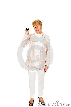 Happy elderly business woman holding eight billard-ball Stock Photo