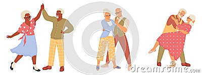 Happy elderly couple dancing funny dance isolated set Vector Illustration