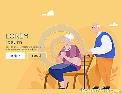 Happy elderly couple on a park bench.Senior men standing with sticks. Old age. Grandfather And Grandmother Flat Vector Banner Vector Illustration