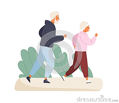 Happy elderly couple running at summer park vector flat illustration. Mature man and woman in sportswear having physical Vector Illustration