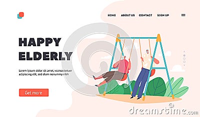 Happy Elderly Landing Page Template. Old Man and Woman Swing, Elderly Couple Characters Having Fun on Flip-Flap Vector Illustration