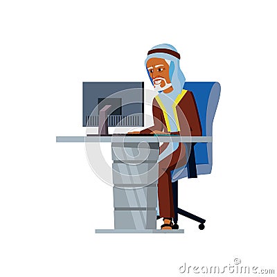 happy elderly man boss reading accountant annual report on computer cartoon vector Vector Illustration