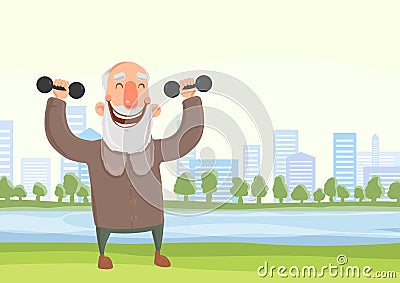 Happy elderly man doing morning sports exercises with dumbbells in city park. Active lifestyle and sport activities in Vector Illustration