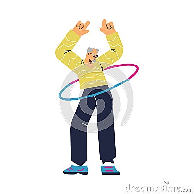 Happy elderly man twisting hula hoop around waist, flat vector illustration isolated on white background. Vector Illustration