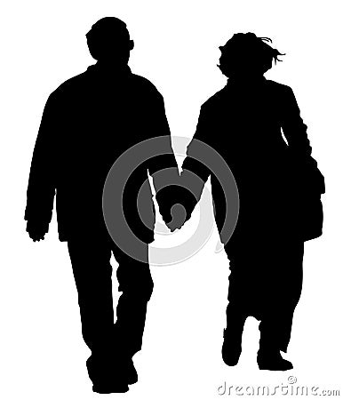 Happy elderly seniors couple hold hands vector silhouette. Mature coupe in love together. Stock Photo