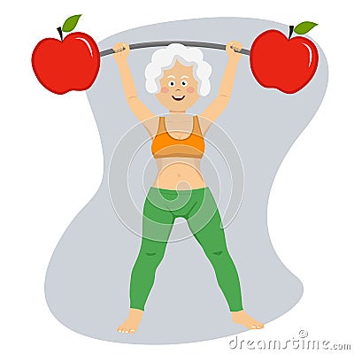 Happy elderly woman exercising dumbbell bar with apples Vector Illustration