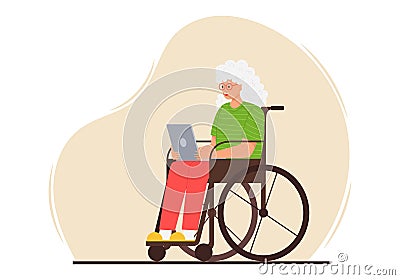 A happy elderly woman is sitting with a laptop in a wheelchair . A smiling adult grandmother with gray hair and glasses uses a Vector Illustration