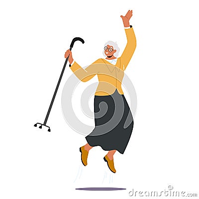 Happy Elderly Woman with Walking Cane Jump and Feel Excitement Isolated on White Background. Positive Senior Character Vector Illustration