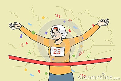 Happy elderly woman win running race Vector Illustration