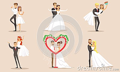 Happy Elegant Just Married Couples Set, Newlywed Bride and Groom at Marriage Ceremony Vector Illustration Vector Illustration