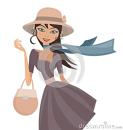 Happy Elegant Lady with Hat and Scarf Vector Illustration