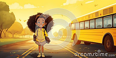 Happy Elementary Student Girl Preparing to Board School Bus. Generative ai Cartoon Illustration