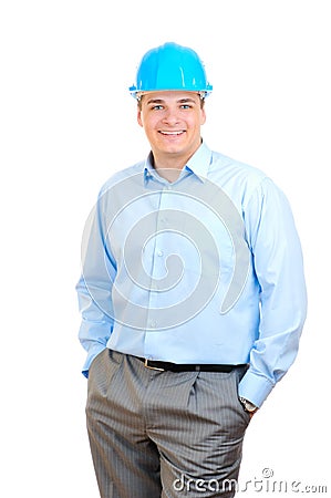 Happy engineer with blue hard hat Stock Photo