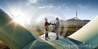 Happy engineer and businessman shake hands after good work. They standing a top of windmill. Around wind generators Stock Photo