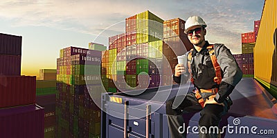 Happy Engineer sit in stack containers. His happy drinking coffee after successful work. Photo with 3d render composing Stock Photo