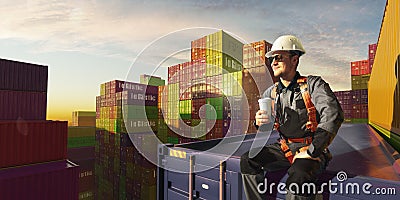 Happy Engineer sit in stack containers. His happy drinking coffee after successful work. Photo with 3d render composing Stock Photo