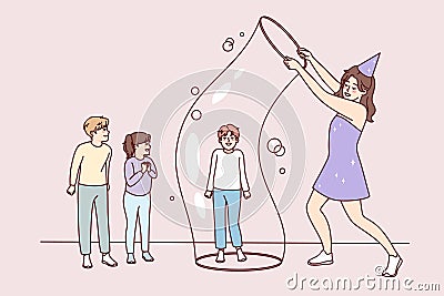 Happy entertainer playing with bubble with kids Vector Illustration