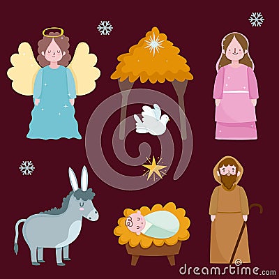 Happy epiphany, holy mary jospeh baby jesus dove donkey and angel Vector Illustration