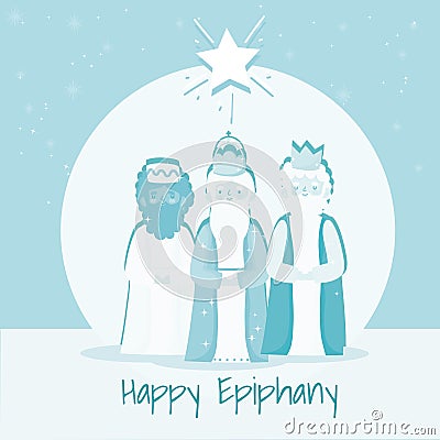 Happy epiphany, three wise kings from the east, melchor, gaspar and balthazar Vector Illustration