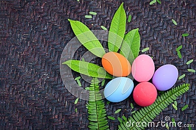 Happy Ester! Top view of colored Easter eggs Stock Photo