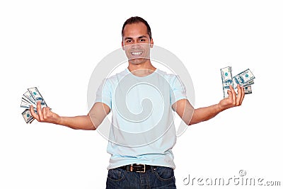 Happy and excited adult man with cash money Stock Photo