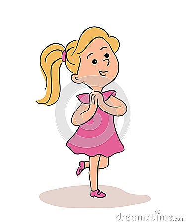 Happy excited amused pretty little girl in dress Vector Illustration