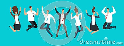 Happy excited business people, employees jumping together. Successful team work and leadership vector cartoon concept Vector Illustration
