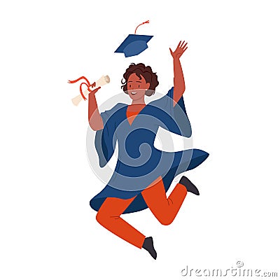 Happy excited girl jumping with graduation diploma Vector Illustration