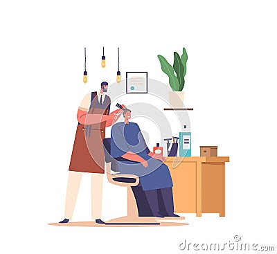 Happy And Excited Groom Character Sits In A Barber Chair, Receiving A Precise Haircut, Enjoying A Pampering Session Vector Illustration