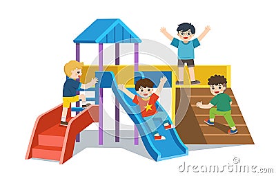 Happy excited kids having fun together. Children playing in playground. Colorful isometric playground elements set with Kids Vector Illustration