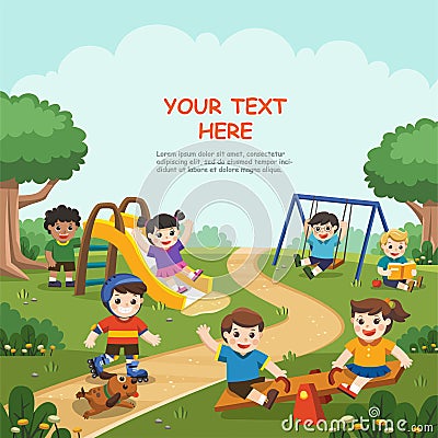 Happy excited kids having fun together on playground. Vector Illustration