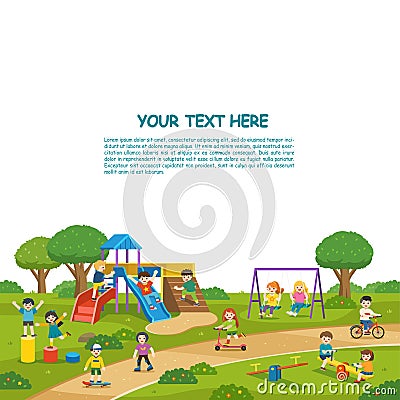 Happy excited kids having fun together on playground. Children play outside with sky background. Vector Illustration