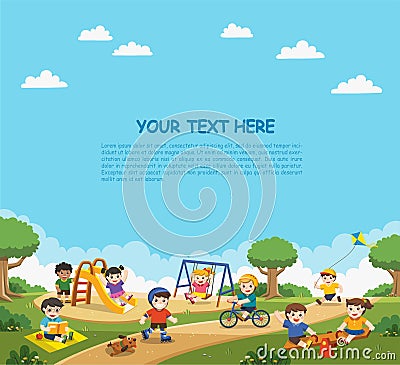 Happy excited kids having fun together on playground. Vector Illustration