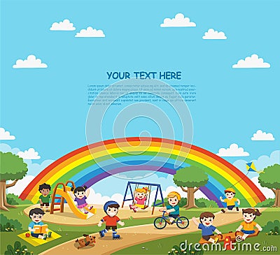 Happy excited kids having fun together on playground. Vector Illustration