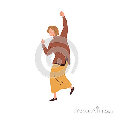 Happy excited woman rejoicing. Positive cheerful person celebrates success and victory. Joyful smiling successful female Vector Illustration